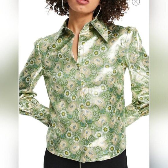 NWOT Topshop Metallic Green Floral Women 2 Button Up 70's Vibes Retro Shirt - Picture 5 of 12